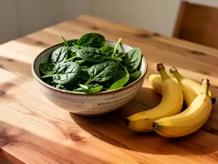 Eine Schale mit frischem Spinat und Bananen auf einem Holztisch bei natürlichem Licht. - Foto: über boerse-global.de