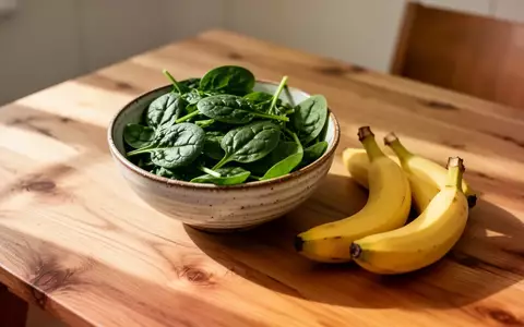 Eine Schale mit frischem Spinat und Bananen auf einem Holztisch bei natürlichem Licht. - Foto: über boerse-global.de