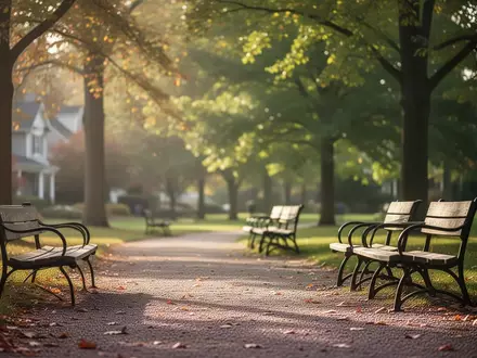 Ein ruhiger, sonnendurchfluteter Parkweg mit leeren Holzbänken in einer herbstlichen Umgebung. - Foto: über boerse-global.de