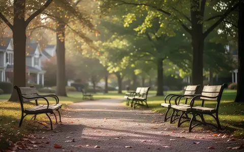 Ein ruhiger, sonnendurchfluteter Parkweg mit leeren Holzbänken in einer herbstlichen Umgebung. - Foto: über boerse-global.de