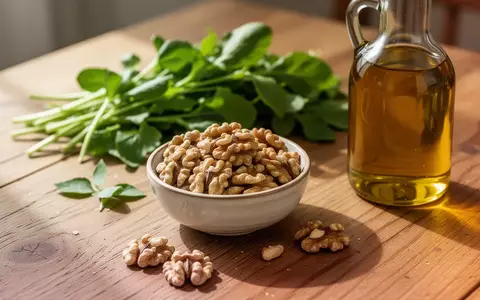 Eine Nahaufnahme von frischen, gesunden Lebensmitteln wie Nüssen, Blattgemüse und Olivenöl auf einem Holztisch. - Foto: über boerse-global.de