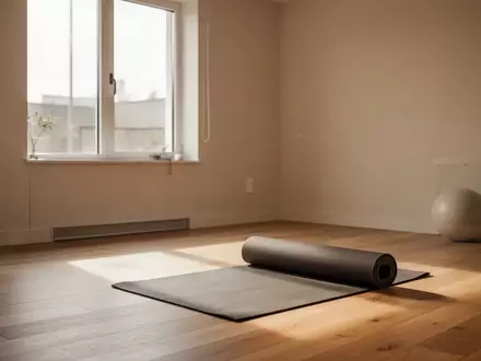 Ein minimalistischer, lichtdurchfluteter Raum für Physiotherapie mit einer zusammengerollten Yogamatte auf einem Holzboden. - Foto: über boerse-global.de