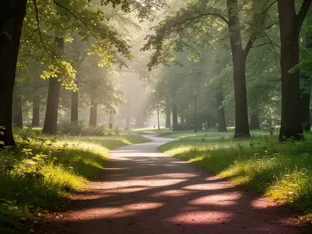 Ein sonnendurchfluteter Waldweg in einem grünen Park, der zu Bewegung und körperlicher Aktivität einlädt. - Foto: über boerse-global.de