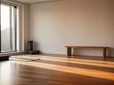 Ein minimalistischer, leerer Fitnessraum mit hellem Holzboden und einfallendem Tageslicht. - Foto: über boerse-global.de