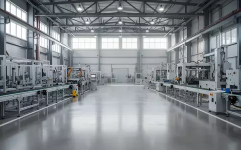 Eine weitläufige, moderne Fabrikhalle mit poliertem Betonboden und industriellen Maschinen im Hintergrund. - Foto: über boerse-global.de