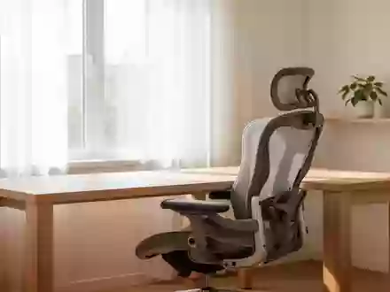Ein heller, minimalistischer Arbeitsplatz mit einem ergonomischen Stuhl an einem Holztisch vor einem Fenster. - Foto: über boerse-global.de
