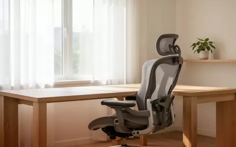 Ein heller, minimalistischer Arbeitsplatz mit einem ergonomischen Stuhl an einem Holztisch vor einem Fenster. - Foto: über boerse-global.de