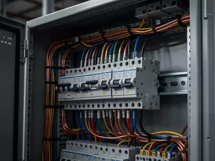 Nahaufnahme einer elektrischen Verteilung mit geordneter Verkabelung und Sicherungselementen in einem Industriebau. - Foto: über boerse-global.de