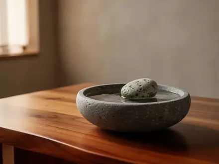 Ein minimalistischer, ruhiger Raum mit einem glatten Holzuntergrund, einer Wasserschale und einem Stein zur Entspannung. - Foto: über boerse-global.de