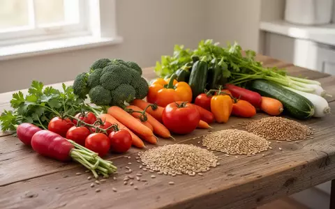 Frisches Gemüse und Vollkornprodukte auf einem Holztisch als Symbol für eine gesunde Ernährung und Lebensstiländerung. - Foto: über boerse-global.de