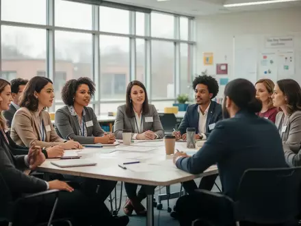 Lehrkräfte in einem Workshop zur Förderung des Wohlbefindens in einem modernen Schulungsraum. - Foto: über boerse-global.de