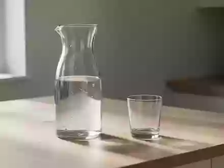Eine Glaskaraffe mit klarem Wasser und ein leeres Glas stehen auf einem hellen Holztisch in einer minimalistischen Küche. - Foto: über boerse-global.de
