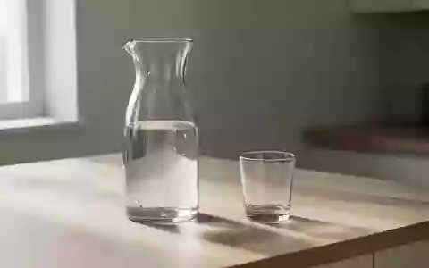 Eine Glaskaraffe mit klarem Wasser und ein leeres Glas stehen auf einem hellen Holztisch in einer minimalistischen Küche. - Foto: über boerse-global.de