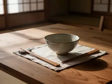 Minimalistisch gedeckter Holztisch mit einer einzelnen Keramikschale in einem hellen, japanisch inspirierten Raum. - Foto: über boerse-global.de
