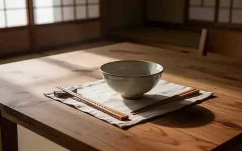 Minimalistisch gedeckter Holztisch mit einer einzelnen Keramikschale in einem hellen, japanisch inspirierten Raum. - Foto: über boerse-global.de