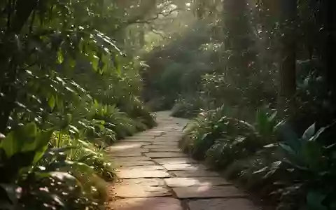 Ein friedlicher, sonnendurchfluteter Pfad in einem botanischen Garten, der von üppigem Grün gesäumt ist. - Foto: über boerse-global.de