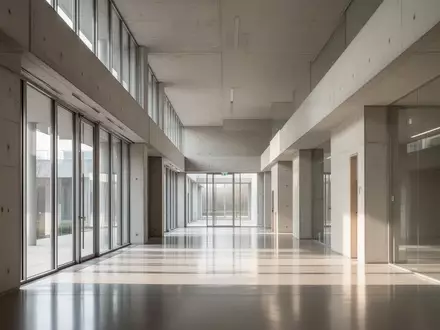 Heller, minimalistischer Flur in einem modernen Verwaltungsgebäude mit klaren architektonischen Linien und natürlichem Licht. - Foto: über boerse-global.de