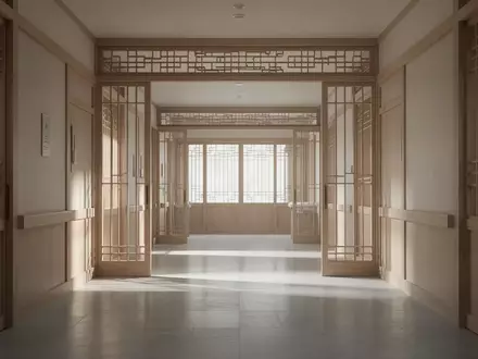Ein minimalistischer, lichtdurchfluteter Krankenhausflur mit Holzelementen und ruhiger Atmosphäre ohne Personen. - Foto: über boerse-global.de
