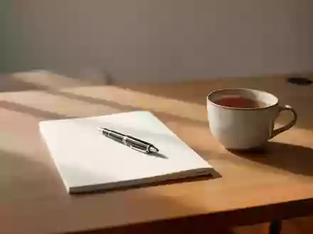 Ein aufgeräumter Schreibtisch mit einem leeren Notizbuch und einer Teetasse in einer ruhigen, konzentrierten Arbeitsumgebung. - Foto: über boerse-global.de