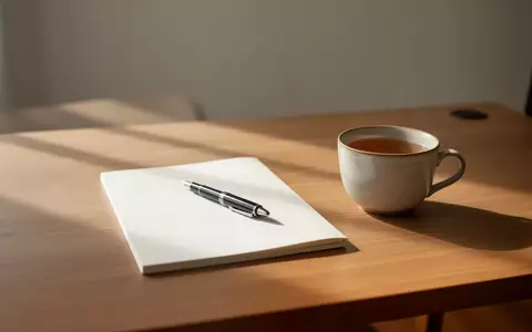 Ein aufgeräumter Schreibtisch mit einem leeren Notizbuch und einer Teetasse in einer ruhigen, konzentrierten Arbeitsumgebung. - Foto: über boerse-global.de