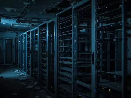 Dunkler, verlassener Serverraum mit leeren Serverschränken in blauem Licht als Symbol für die Zerschlagung eines Cybercrime-Netzwerks. - Foto: über boerse-global.de