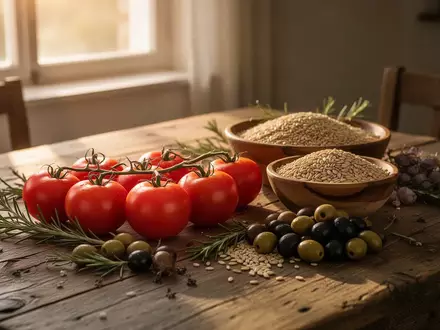 Ein rustikaler Holztisch mit frischen mediterranen Zutaten wie Tomaten, Oliven und Kräutern im warmen Tageslicht. - Foto: über boerse-global.de