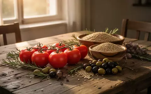 Ein rustikaler Holztisch mit frischen mediterranen Zutaten wie Tomaten, Oliven und Kräutern im warmen Tageslicht. - Foto: über boerse-global.de