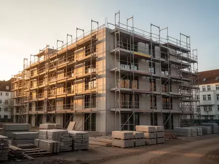 Eine Baustelle für einen modernen Wohnungsneubau in einer deutschen Großstadt bei goldenem Licht. - Foto: über boerse-global.de