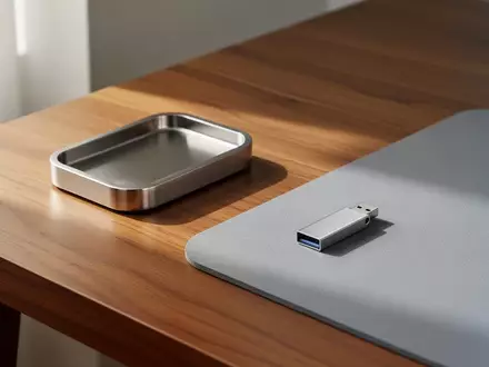 Ein minimalistischer Arbeitsplatz mit einem USB-Stick auf einer Schreibtischunterlage in hellem Tageslicht. - Foto: über boerse-global.de