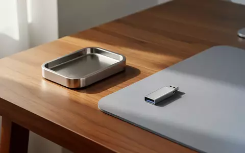 Ein minimalistischer Arbeitsplatz mit einem USB-Stick auf einer Schreibtischunterlage in hellem Tageslicht. - Foto: über boerse-global.de