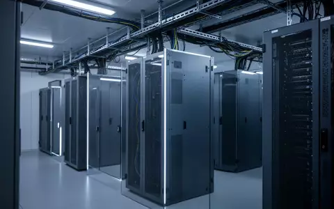 Ein moderner, steriler Serverraum mit ordentlich angeordneten Metallschränken und blauer Beleuchtung. - Foto: über boerse-global.de