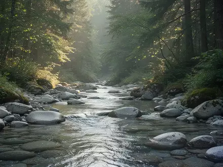Ein klarer Gebirgsbach fließt über glatte Steine in einem sonnendurchfluteten Wald, der die Naturverbundenheit der Kneipp-Methoden symbolisiert. - Foto: über boerse-global.de