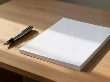 Ein minimalistischer Schreibtisch aus hellem Eichenholz mit einem Füllfederhalter und einem Stapel leerem Briefpapier. - Foto: über boerse-global.de