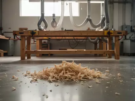 Ein sauberer, aufgeräumter Arbeitsbereich in einer Werkstatt mit Holzspänen auf dem Boden und professioneller Absauganlage. - Foto: über boerse-global.de