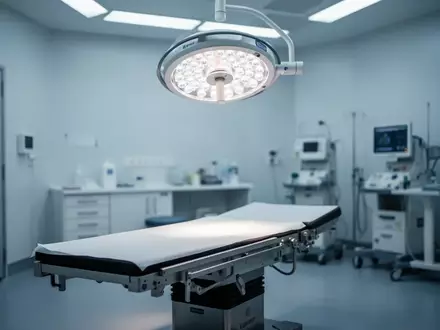 Ein leerer, moderner Untersuchungsraum in einer Klinik mit einer Untersuchungsliege und einer hellen Operationsleuchte. - Foto: über boerse-global.de
