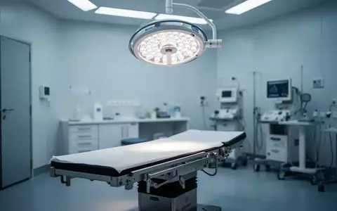 Ein leerer, moderner Untersuchungsraum in einer Klinik mit einer Untersuchungsliege und einer hellen Operationsleuchte. - Foto: über boerse-global.de