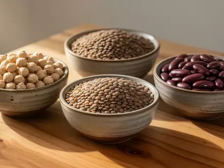 Verschiedene rohe Hülsenfrüchte wie Linsen, Kichererbsen und Bohnen in schlichten Keramikschalen auf einem Holztisch. - Foto: über boerse-global.de