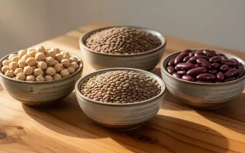 Verschiedene rohe Hülsenfrüchte wie Linsen, Kichererbsen und Bohnen in schlichten Keramikschalen auf einem Holztisch. - Foto: über boerse-global.de