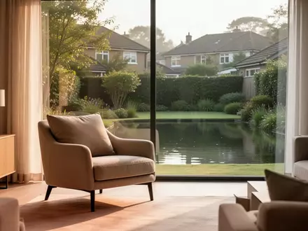Ein heller, ruhiger Wohnraum mit einem Sessel vor einem Fenster mit Blick in einen Garten, der eine häusliche Umgebung symbolisiert. - Foto: über boerse-global.de