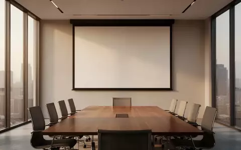 Ein leerer, modern gestalteter Konferenzraum mit einer groĂen, unbeschriebenen ProjektionsflĂ€che in ruhigem Licht. - Foto: ĂŒber boerse-global.de