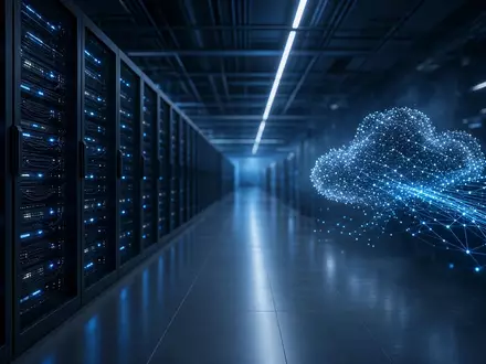 Moderne Server-Racks in einem Rechenzentrum mit blauer Beleuchtung als Symbol für digitale Infrastruktur. - Foto: über boerse-global.de