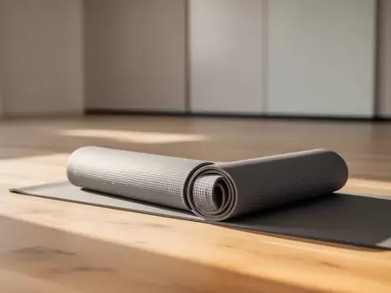 Eine aufgerollte graue Sportmatte auf einem hellen Holzboden in einem minimalistischen, lichtdurchfluteten Trainingsraum. - Foto: über boerse-global.de