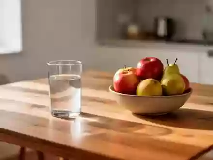 Ein hölzerner Küchentisch mit einer Schale frischem Obst und einem Glas Wasser in einer hellen, ruhigen Wohnumgebung. - Foto: über boerse-global.de