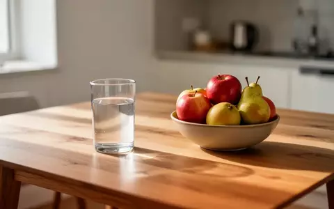 Ein hölzerner Küchentisch mit einer Schale frischem Obst und einem Glas Wasser in einer hellen, ruhigen Wohnumgebung. - Foto: über boerse-global.de
