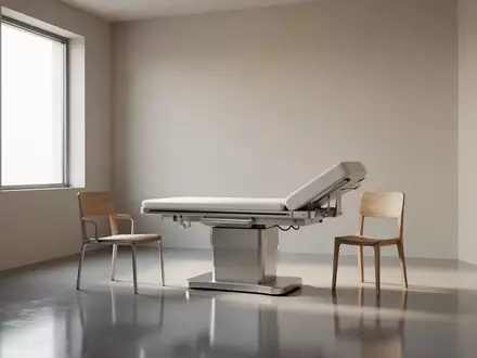 Ein minimalistischer, heller medizinischer Untersuchungsraum mit natürlichem Lichteinfall und einem leeren Stuhl. - Foto: über boerse-global.de