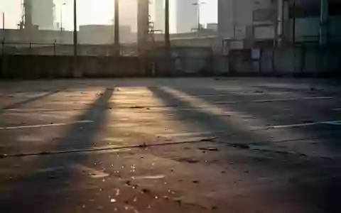 Ein verlassener, leerer Parkplatz bei Tagesanbruch mit langen Schatten auf dem Betonboden vor einer industriellen Kulisse. - Foto: über boerse-global.de