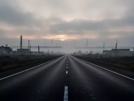 Eine leere Autobahn in der Dämmerung, die sich in einer nebligen Industrielandschaft verliert. - Foto: über boerse-global.de