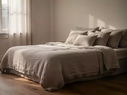 Ein ruhiges, minimalistisch eingerichtetes Schlafzimmer mit weicher Bettwäsche und Kissen in sanftem Tageslicht. - Foto: über boerse-global.de