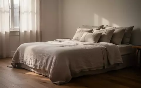 Ein ruhiges, minimalistisch eingerichtetes Schlafzimmer mit weicher Bettwäsche und Kissen in sanftem Tageslicht. - Foto: über boerse-global.de
