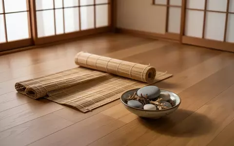 Ein minimalistisch gestalteter Raum mit Holzboden, einer Bambusmatte und einer Schale mit Flusskieselsteinen und Kräutern. - Foto: über boerse-global.de